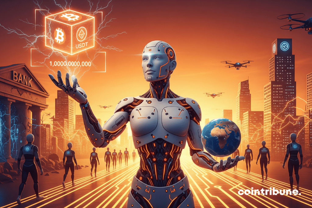 IA futurista segura carteira de criptomoedas em frente a banco em ruínas