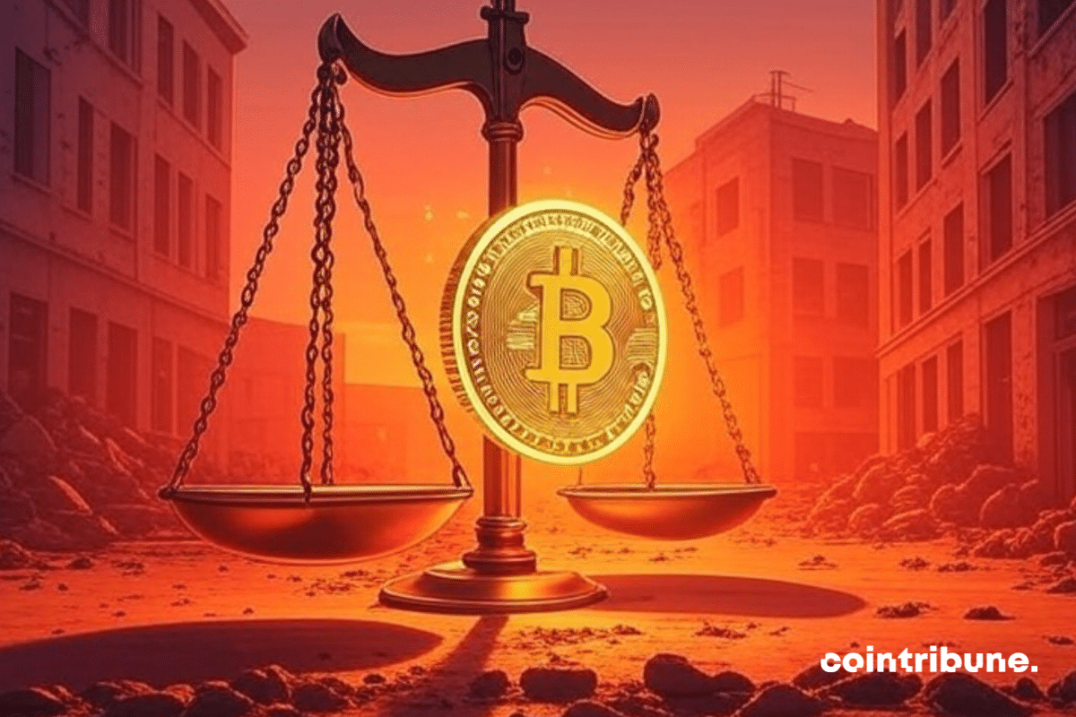 Uma balança gigante, em estilo antigo, domina uma praça urbana devastada. Acima da balança, um símbolo 3D do Bitcoin, brilhando em um intenso tom laranja-dourado, é integrado como um pivô. Ambas as partes da balança estão vazias, mas a atmosfera está saturada com uma luz laranja brilhante, criando um contraste marcante com o cenário sombrio de uma cidade em ruínas. O estilo evoca os quadrinhos dos anos 1970, com traços fortes de tinta e composição dinâmica.