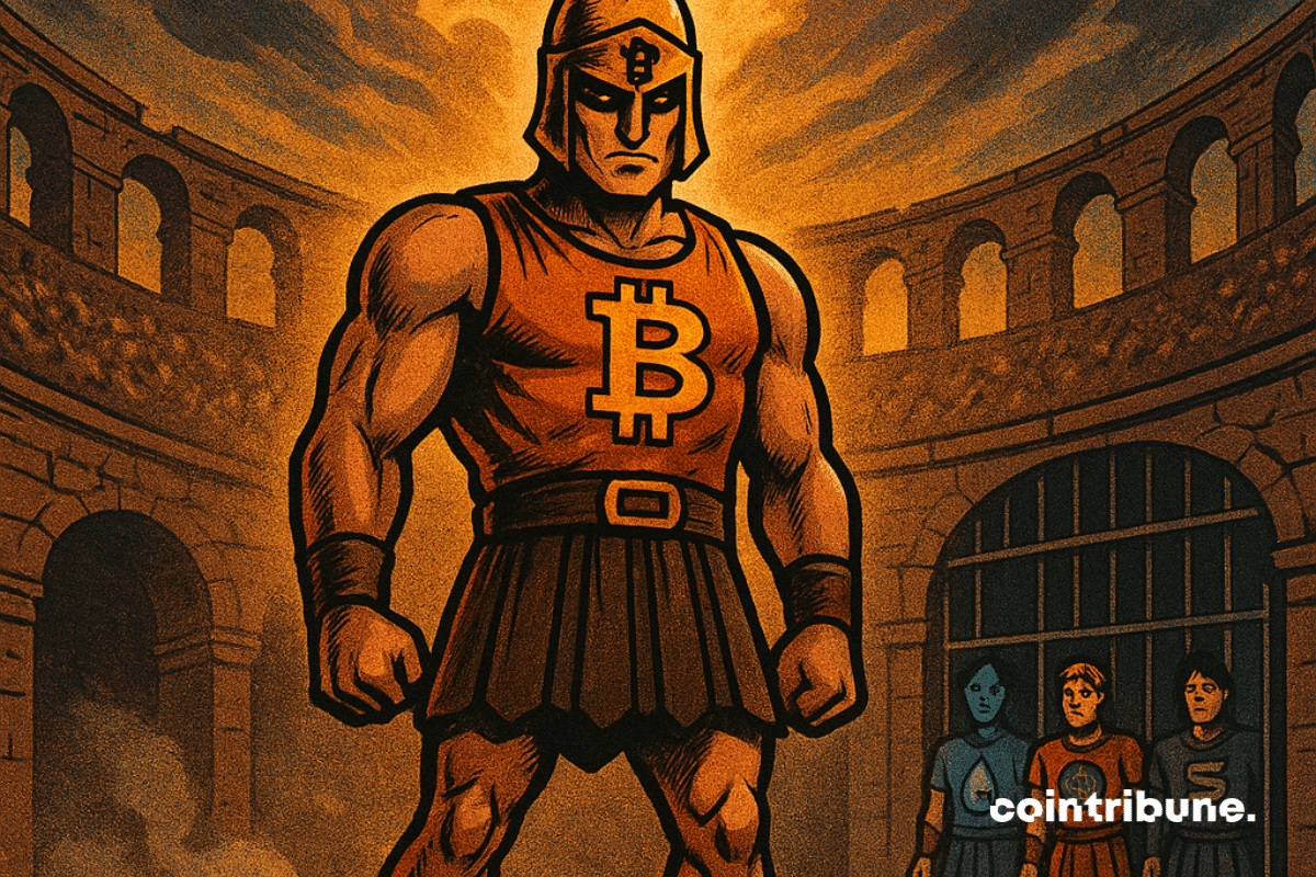 Bitcoin personificado como um gladiador no centro da arena. Em postura desafiadora. Olhar sério e penetrante.
