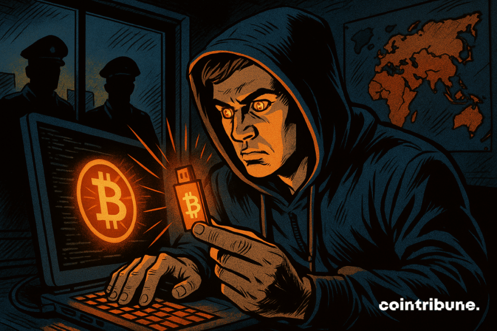 Un hacker decidido, iluminado por el resplandor naranja de un logotipo de Bitcoin, sostiene una memoria USB cifrada. Detrás de él, unos militares lo observan, simbolizando la vigilancia en un mundo opresivo.