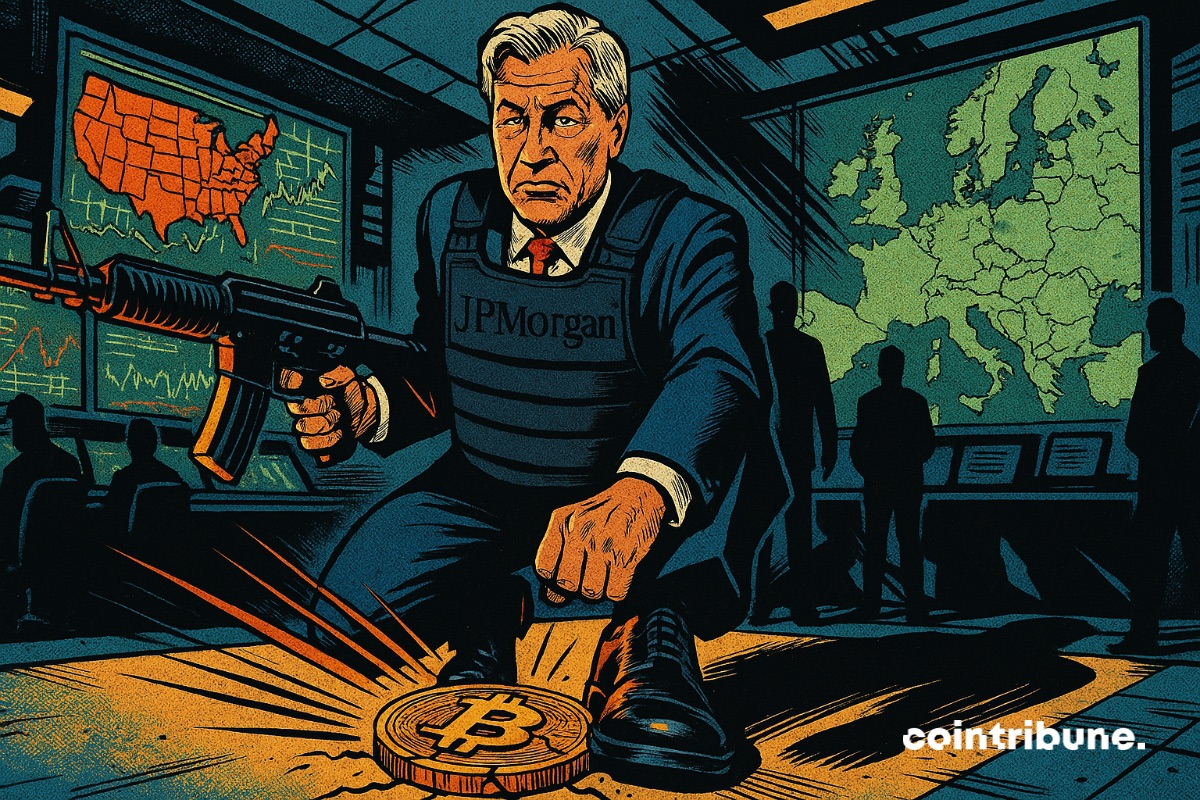 O CEO do JPMorgan em uma sala de comando, usando um colete à prova de balas, esmaga uma moeda de bitcoin com o pé. Ele tem uma arma de fogo como arma.