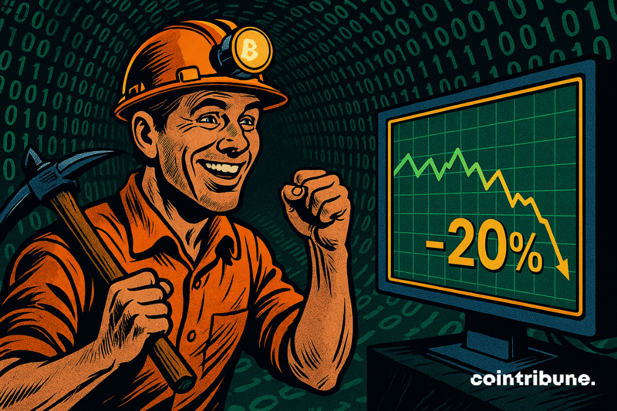 Un mineur souriant vêtu d’un uniforme orange et coiffé d’un casque estampillé du logo Bitcoin se tient dans un tunnel numérique dont les murs sont tapissés de chiffres binaires verts rappelant l’univers de Matrix. Il brandit une pioche sur l’épaule tout en regardant un grand écran futuriste affichant une courbe en chute de 20 %, illustrée en orange. L’ambiance allie high-tech et esthétique rétro de comics des années 70.