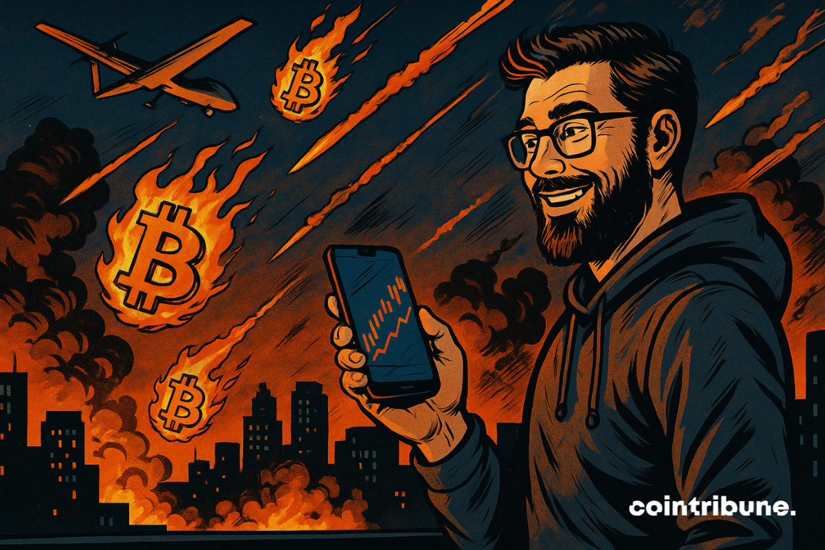 Um sorridente negociante de Bitcoin olha para seu smartphone exibindo um gráfico de alta enquanto BTC em chamas caem do céu, tendo como pano de fundo drones e explosões iluminando uma cidade à noite.