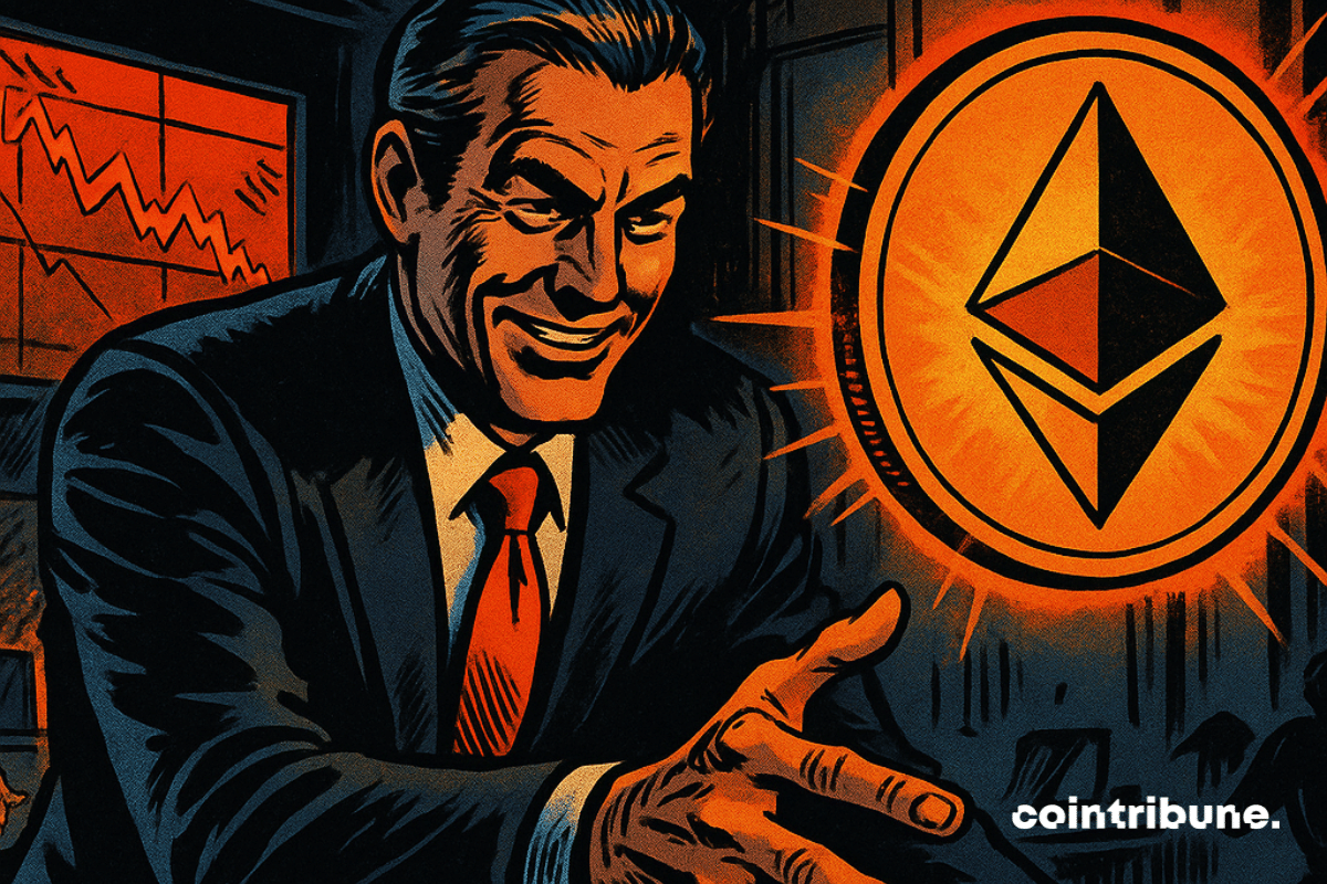 Em um pregão em crise, um homem de terno pega um Ethereum brilhante, enquanto figuras em pânico fogem, ressaltando a tensão de uma crise financeira iminente.