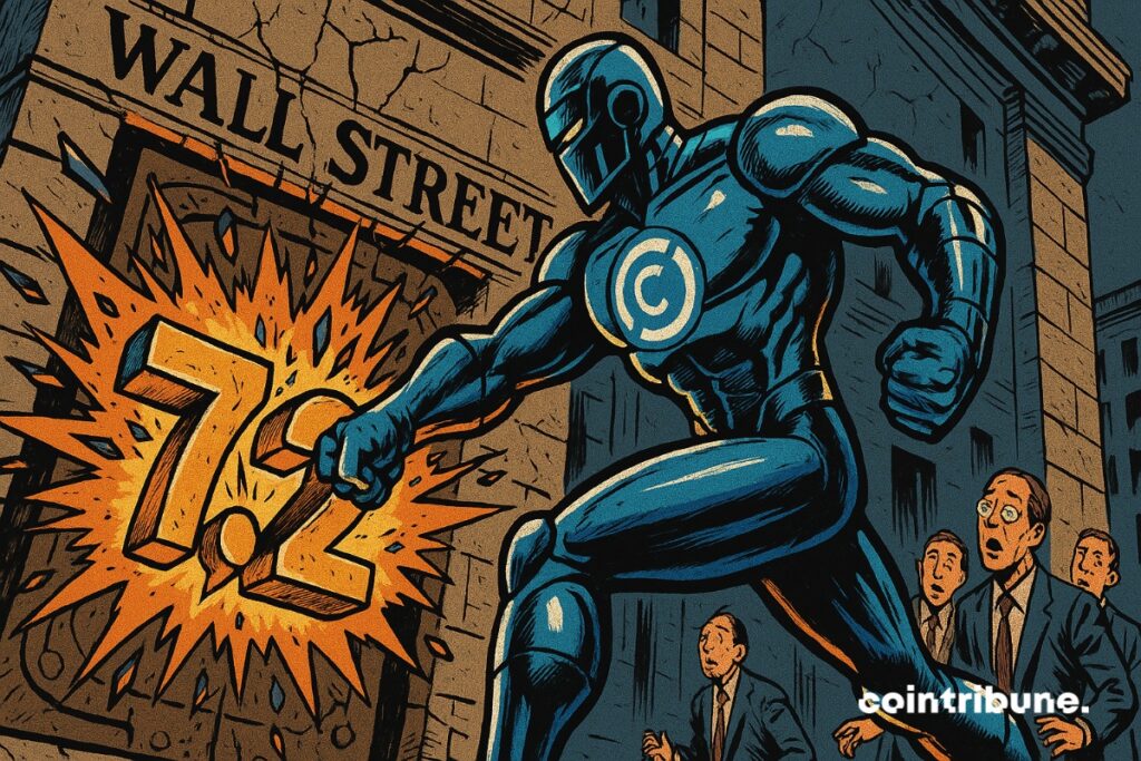A knight in armor from crypto stablecoin issuer Circle breaks down a Wall Street door to gain entry, with .2 billion written across it.