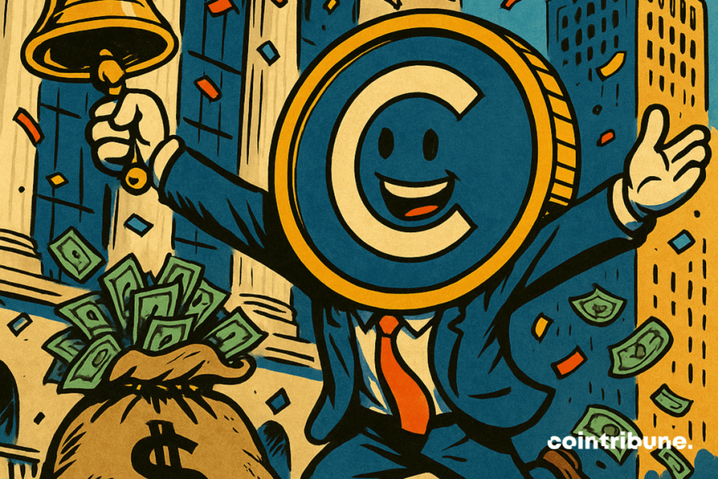 CEO da Circle ou mascote criptográfica (estilo cartoon, traje elegante), sorridente, levantando um braço e segurando um sino dourado de IPO. Uma grande bolsa marcada com “ 000 000 000” aberta, com notas caindo no chão sem que o personagem perceba.