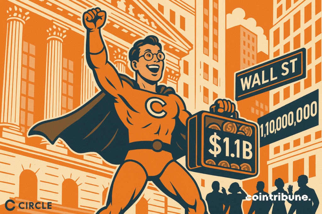 A dynamic low-angle shot of the Wall Street steps, with the golden bull in the background. Circle's founder personified as a tech superhero.