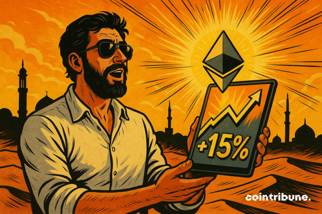 Um trader barbudo, vestindo uma camisa branca, contempla maravilhado um tablet que exibe +15% no Ethereum, em um deserto banhado por uma luz alaranjada, com minaretes ao fundo e um sol brilhante.