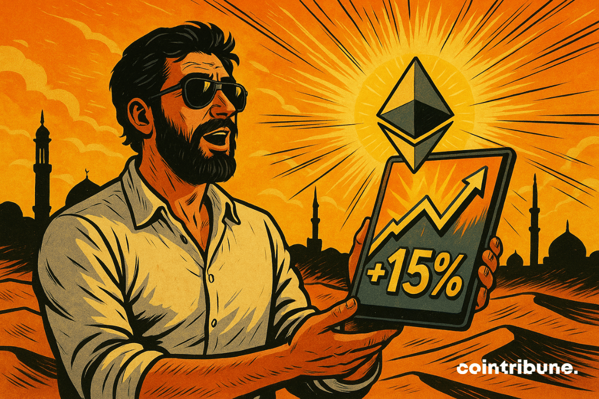 Um trader barbudo, vestindo uma camisa branca, contempla maravilhado um tablet que exibe +15% no Ethereum, em um deserto banhado por uma luz alaranjada, com minaretes ao fundo e um sol brilhante.