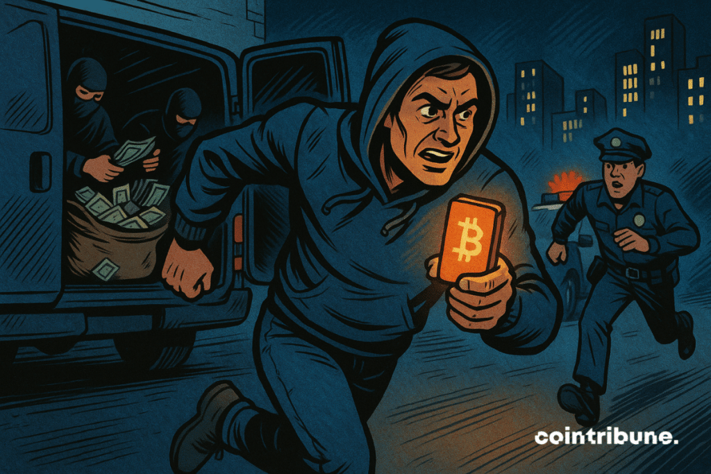 Vítima de criptomoeda encapuzada, braços amarrados, olhos arregalados. Tela do celular exibindo uma grande quantia em criptomoeda.