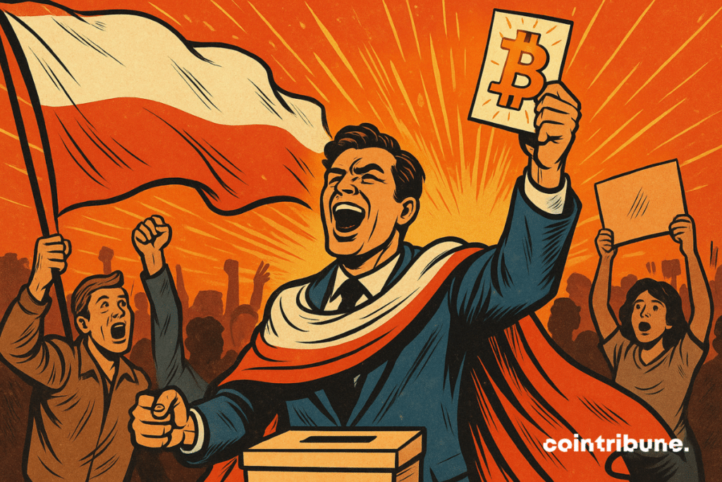 Un político de traje, envuelto en la bandera polaca, levanta con orgullo una papeleta electoral marcada con el símbolo de Bitcoin ₿. A su alrededor, una multitud eufórica celebra su victoria. El explosivo fondo naranja y rojo evoca una revolución electoral. El estilo es el de una tira cómica de los años 70, enérgico y contrastante.