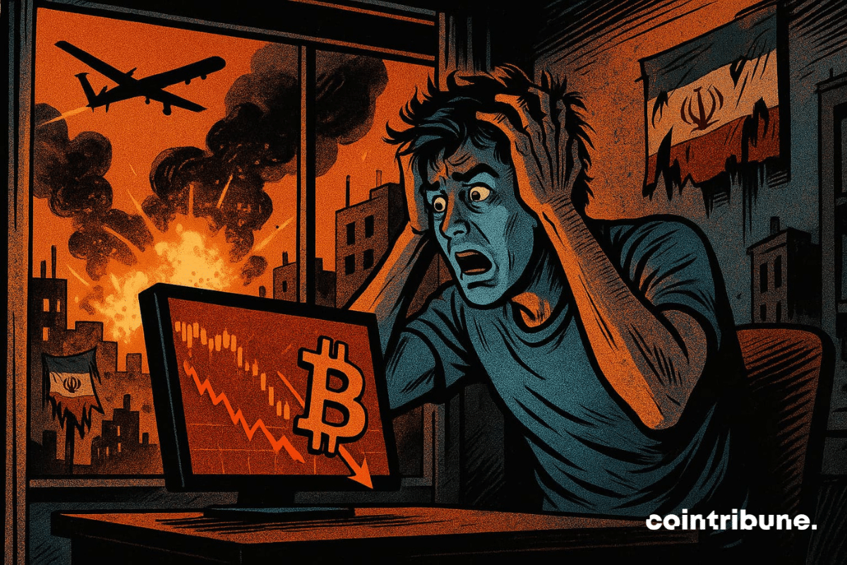 Modern office lit by the glow of screens, close-up of a trader in a rumpled suit leaning toward his multiple monitors. A Bitcoin trader, shirt unbuttoned, tie loosened, expression of shock and disbelief, one hand on his forehead. Main screen displaying “$103,000” in large red numbers with a downward arrow.