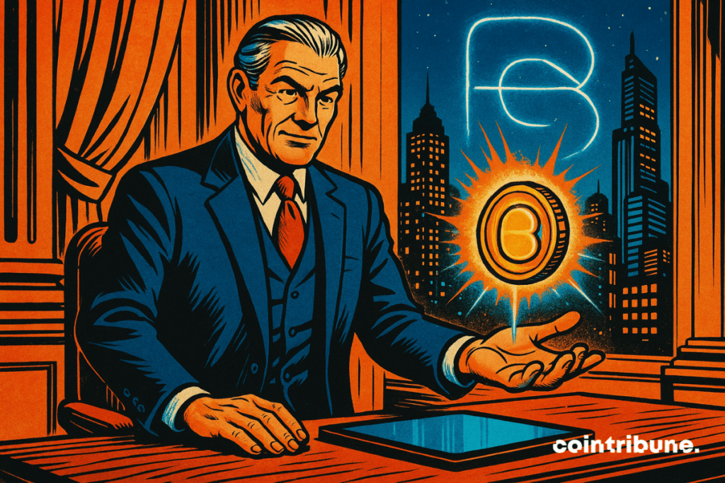 Um carismático banqueiro do JPMorgan faz um token blockchain brilhante levitar sobre um tablet em um escritório luxuoso com vista para uma cidade futurista iluminada por um "B" estilizado.