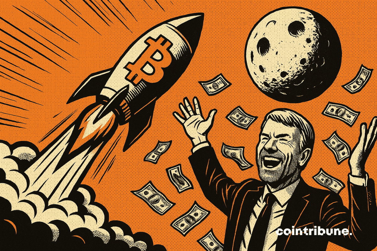 Michael Saylor sorrindo com os braços levantados em frente a um foguete de bitcoin decolando em direção à lua, com notas voando.