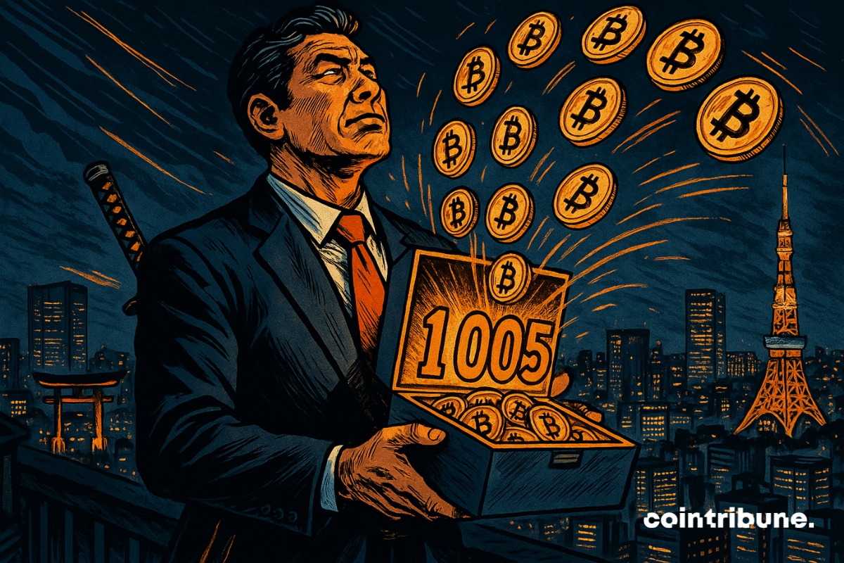 Un hombre de negocios japonés sostiene una caja llena de monedas de Bitcoin.