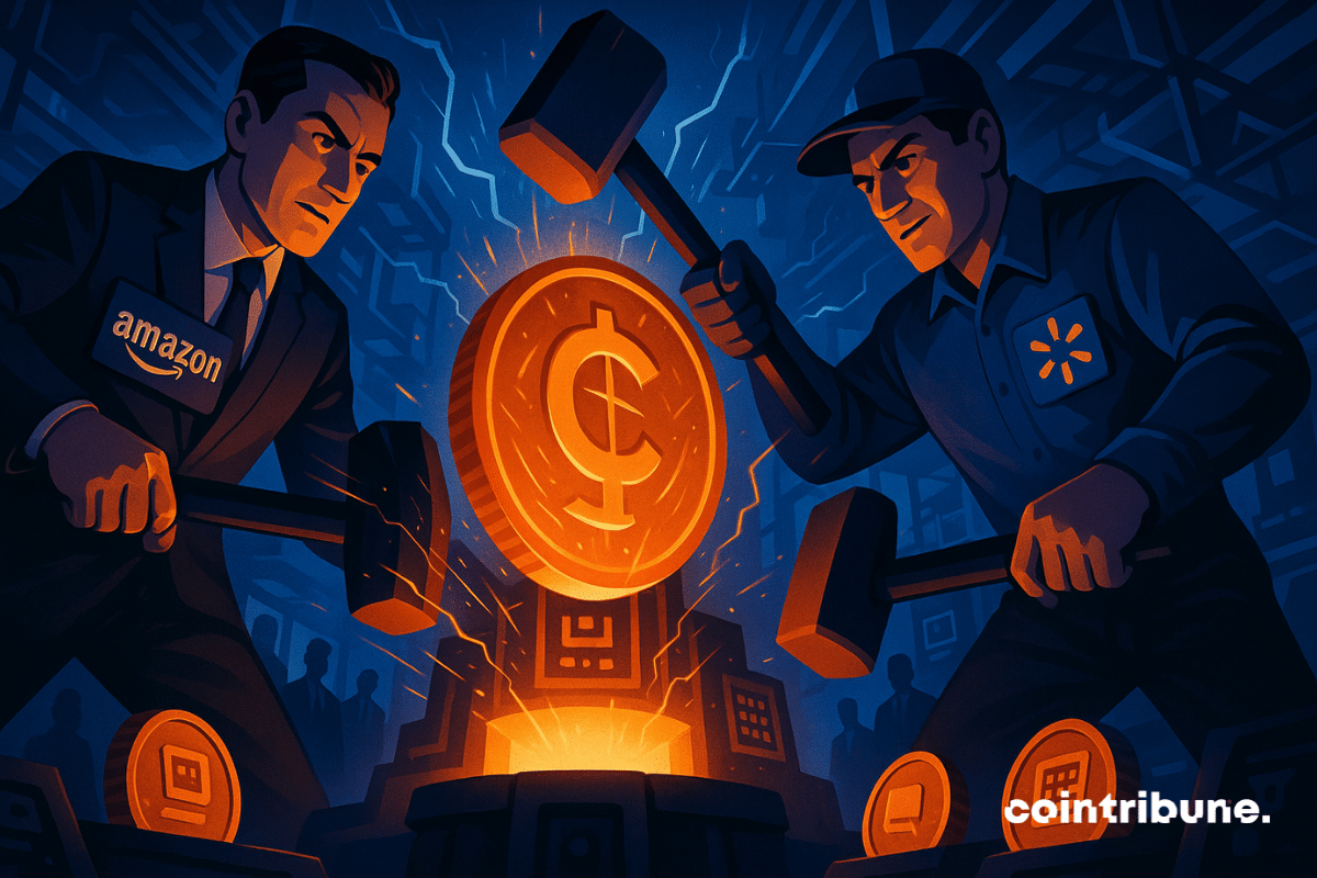 Two stylized figures representing Amazon (business suit + logo badge) and Walmart (classic American style + logo badge). Each is striking giant stablecoins in their respective corners, with a determined expression.