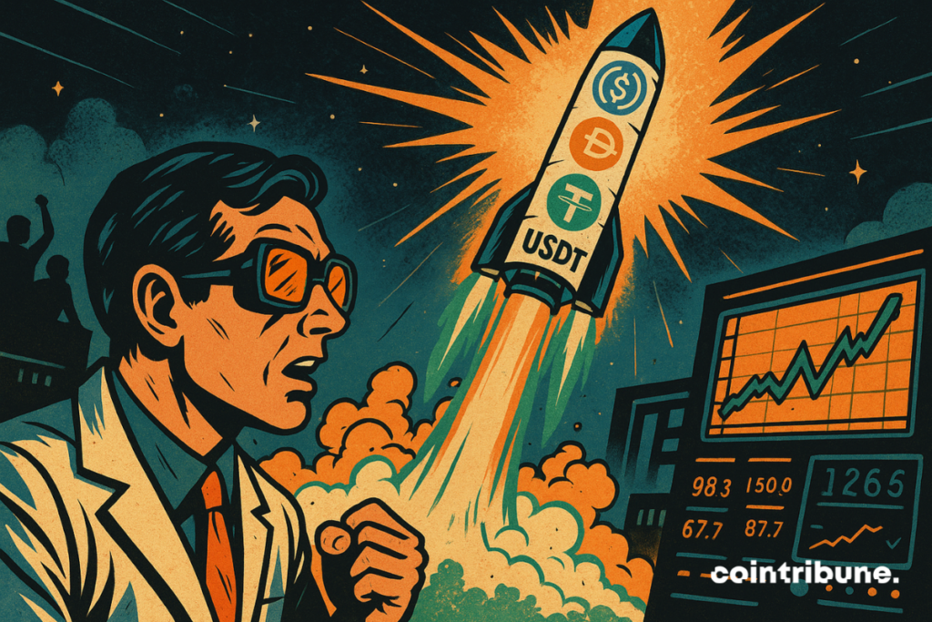 A man wearing glasses looks at a rocket taking off. The rocket features the logo of DAI, USDT, and USDC.