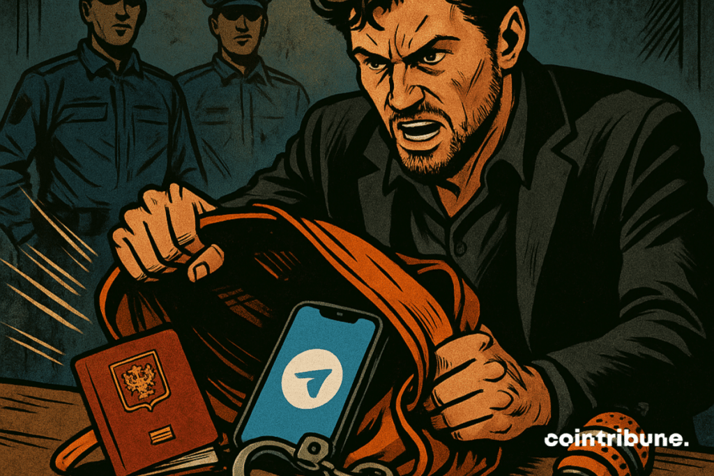 A bearded man resembling Durov, wearing a black suit and a half-open shirt, sits at a table, his expression intense, his hands on an overturned bag. From the bag spill: a passport, a phone displaying the Telegram logo, broken handcuffs, and a podcast microphone.