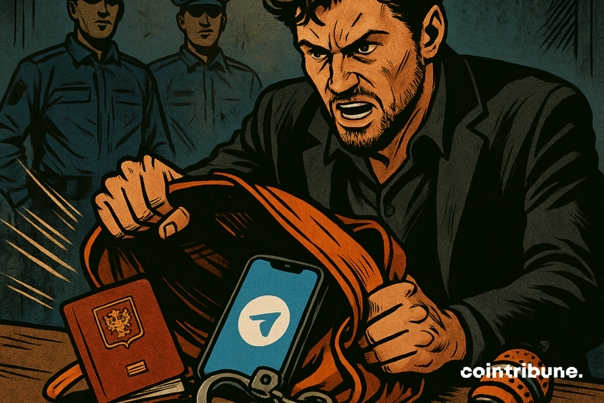 A bearded man resembling Durov, wearing a black suit and a half-open shirt, sits at a table, his expression intense, his hands on an overturned bag. From the bag spill: a passport, a phone displaying the Telegram logo, broken handcuffs, and a podcast microphone.