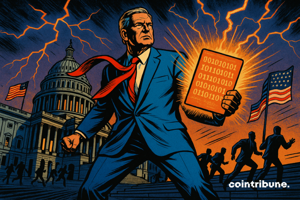 El presidente Donald Trump, con traje azul y corbata roja, sostiene un archivo digital brillante. Detrás de él, el Capitolio, se desata una tormenta y el Congreso huye. Una escena épica con los vibrantes colores de las stablecoins.