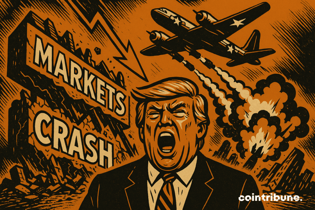 Donald Trump pointing with a worried expression against a backdrop of warplanes and explosions