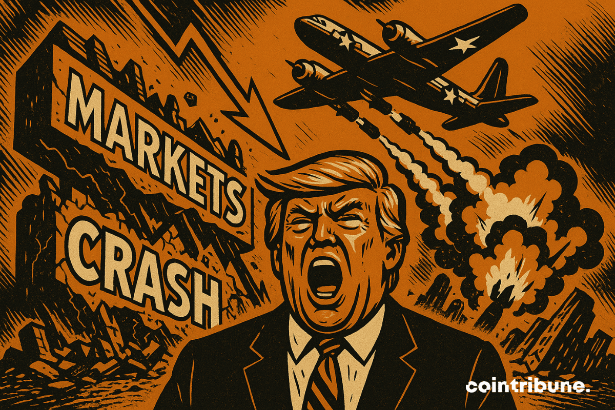 Donald Trump pointing with a worried expression against a backdrop of warplanes and explosions
