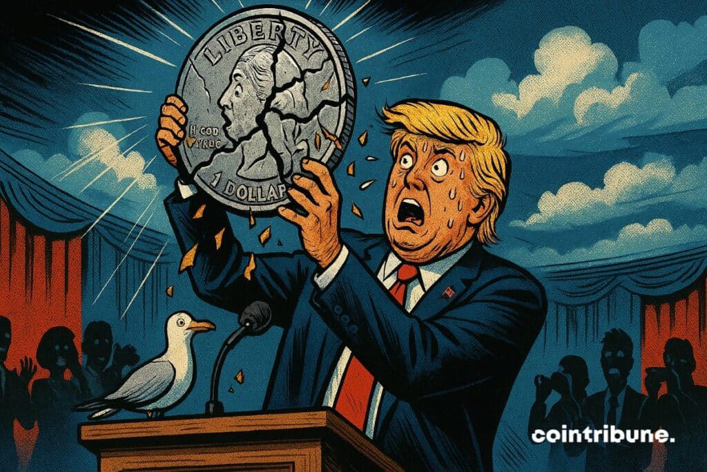 Donald Trump with a large USD1 stablecoin cracking in his hands.
