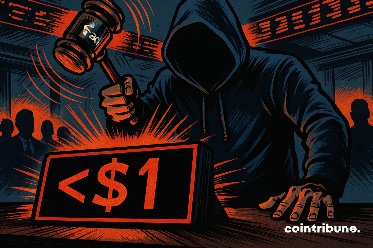 Hooded figure with gavel and "