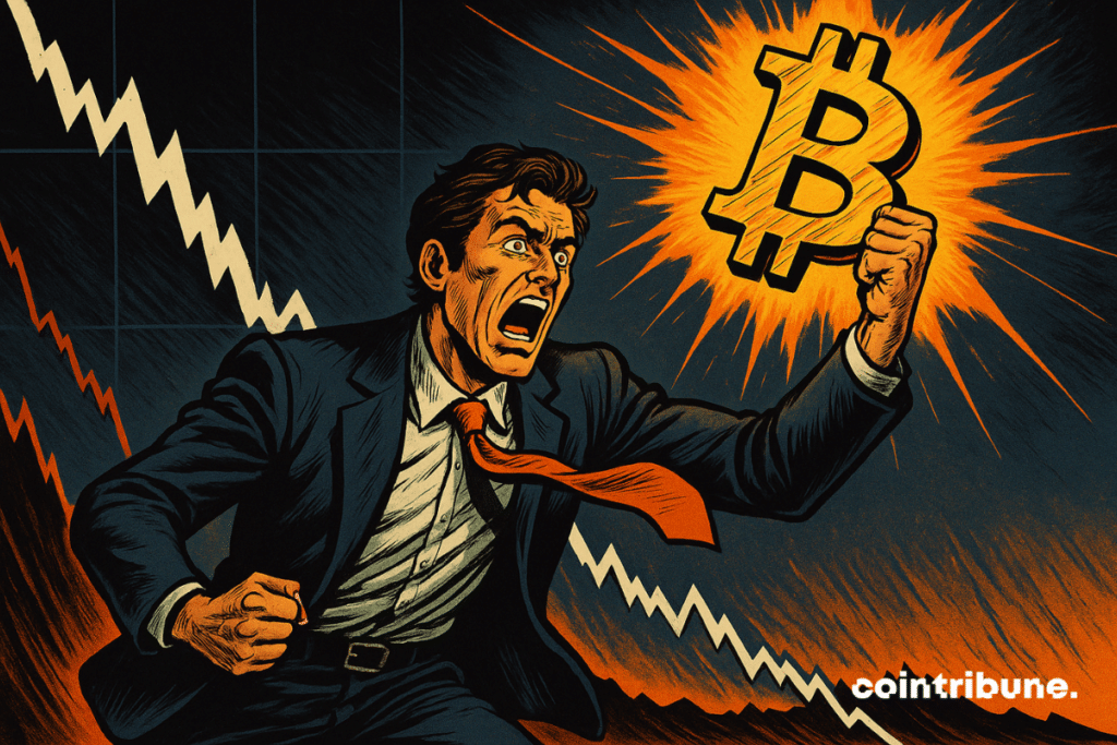 Um empresário em pânico segura um Bitcoin brilhante, enquanto um gráfico de ações cai drasticamente, simbolizando a tensão do mercado.