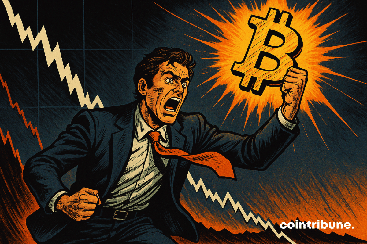 Um empresário em pânico segura um Bitcoin brilhante, enquanto um gráfico de ações cai drasticamente, simbolizando a tensão do mercado.