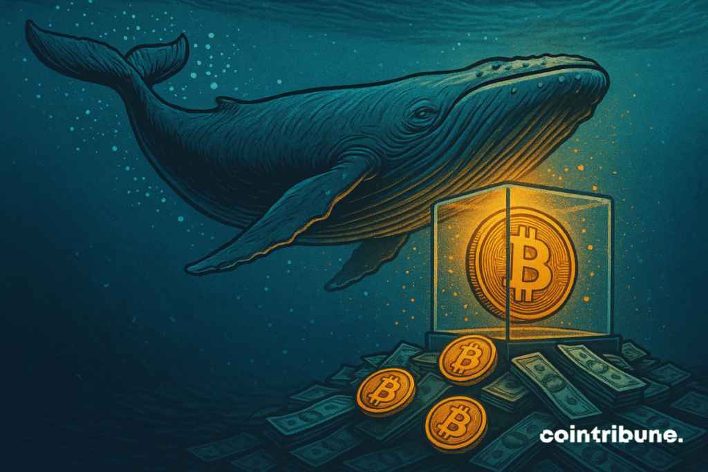 Ilustración de una ballena bajo el agua junto a un Bitcoin brillante encerrado en vidrio, rodeado de pilas de dinero.