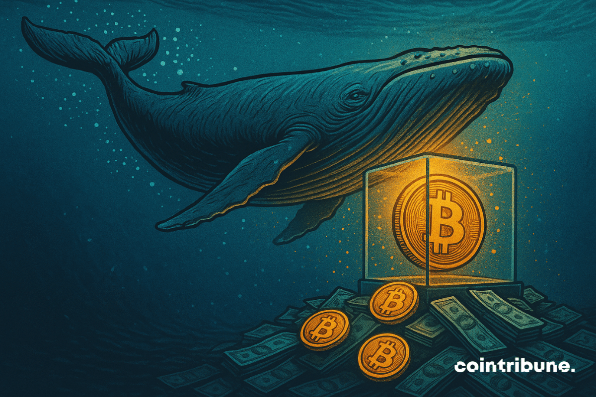 Ilustração de uma baleia debaixo d'água ao lado de um Bitcoin brilhante envolto em vidro, cercado por pilhas de dinheiro.