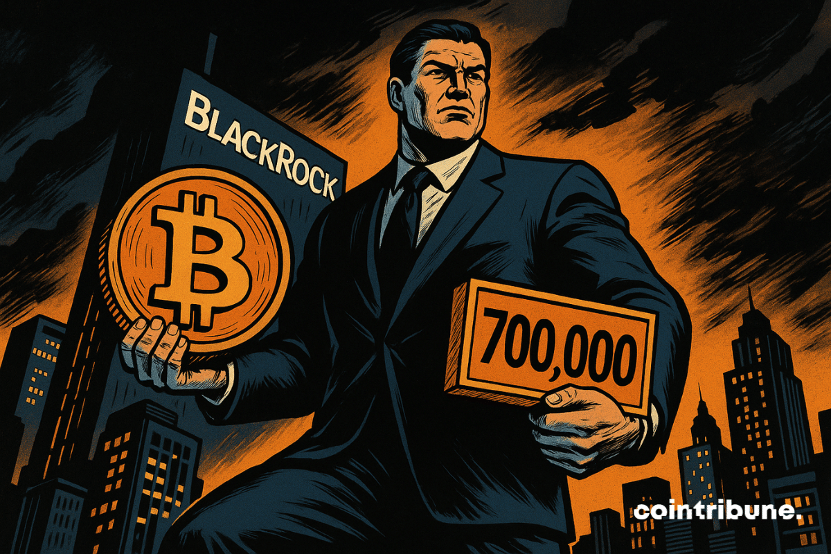 Un hombre de negocios gigante sostiene un Bitcoin y un cartel "700.000" frente a un paisaje urbano dominado por BlackRock.