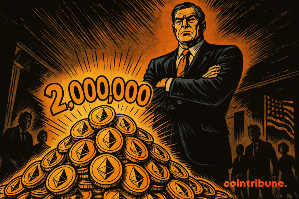Um empresário imponente observa uma montanha de tokens Ethereum brilhantes, com o número 2.000.000 iluminado, em uma atmosfera escura e poderosa.