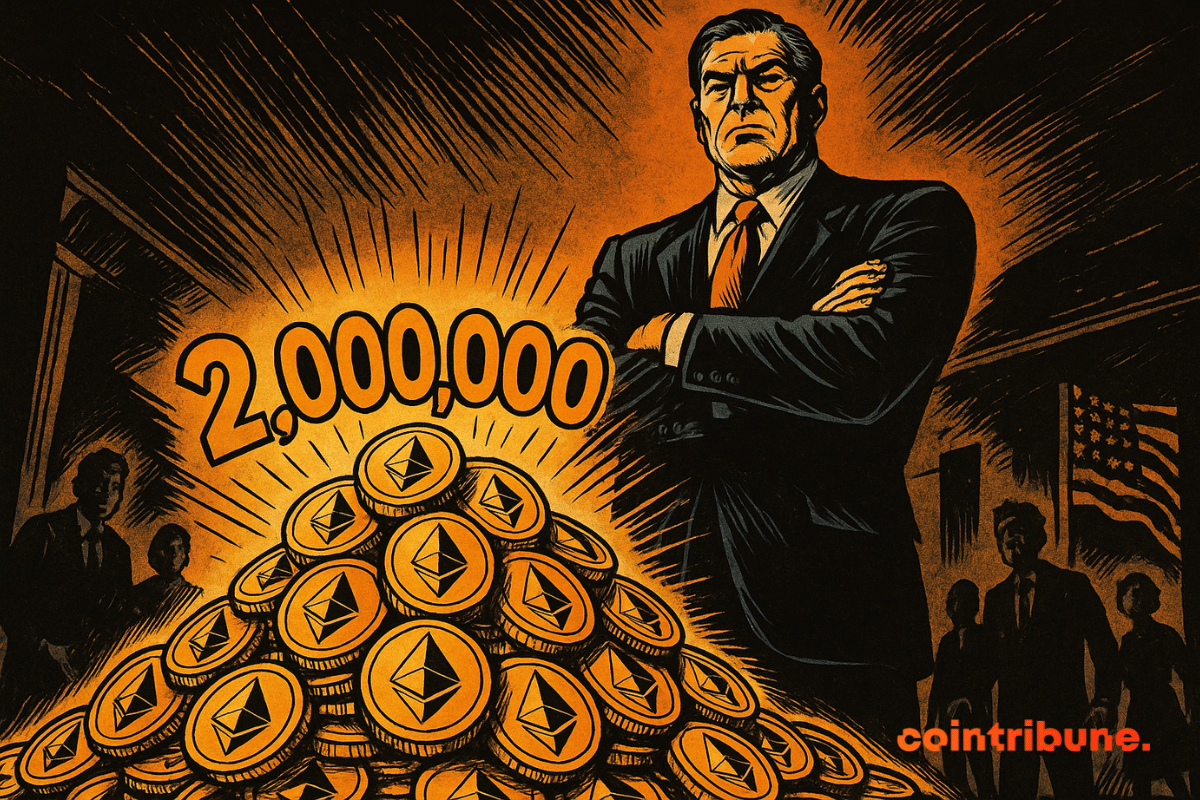 Un hombre de negocios imponente observa una montaña de tokens Ethereum brillantes, con el número 2.000.000 iluminado, en una atmósfera oscura y poderosa.