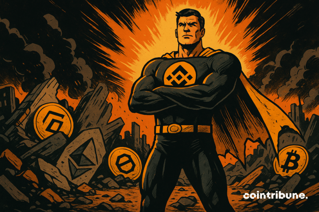 BNB as a superhero towering over a crypto wasteland.