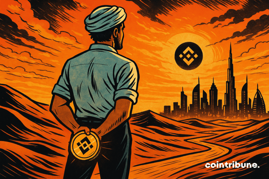 A crypto investor gazes at the city from the dunes, holding Binance’s BNB in hand.