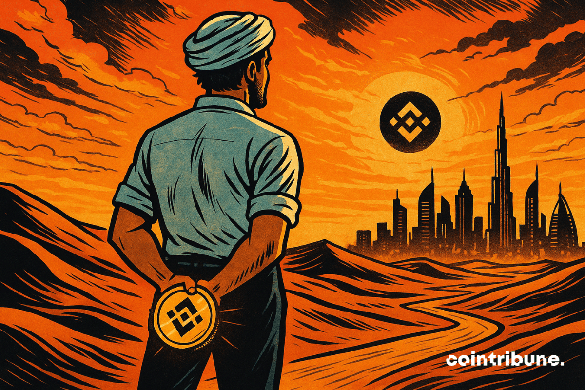 A crypto investor gazes at the city from the dunes, holding Binance’s BNB in hand.