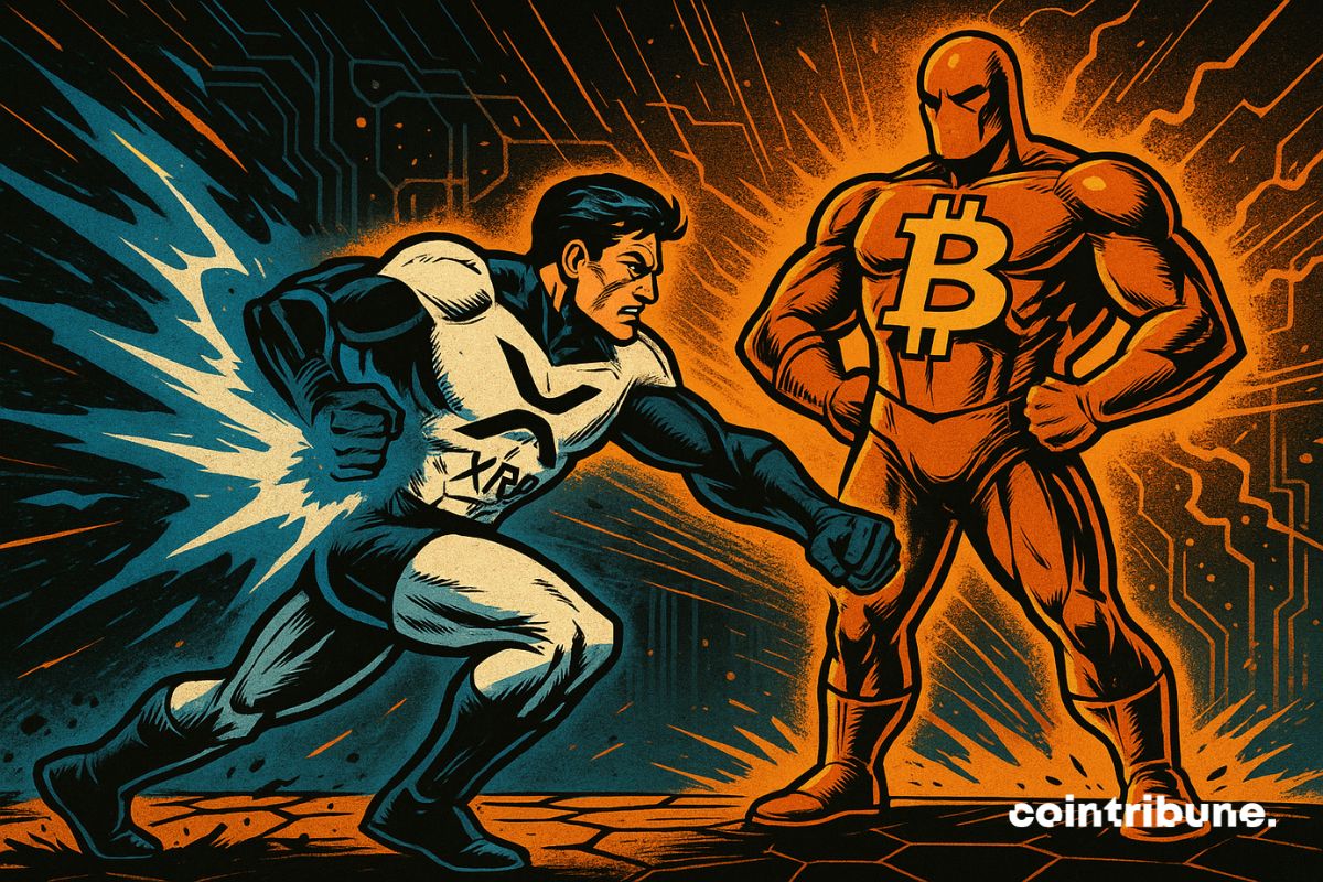 70s comic book style illustration showing XRP attacking Bitcoin in a crypto clash, digital futuristic atmosphere, high visual tension