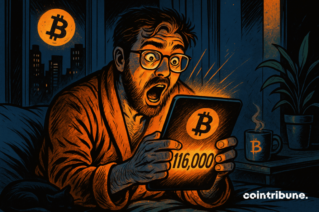 Um investidor está sentado na beira da cama, inclinado em direção à tela que segura com as duas mãos. O tablet brilha com a interface de uma carteira cripto exibindo um valor em destaque: 116.000. O logotipo do Bitcoin aparece no canto superior da tela.