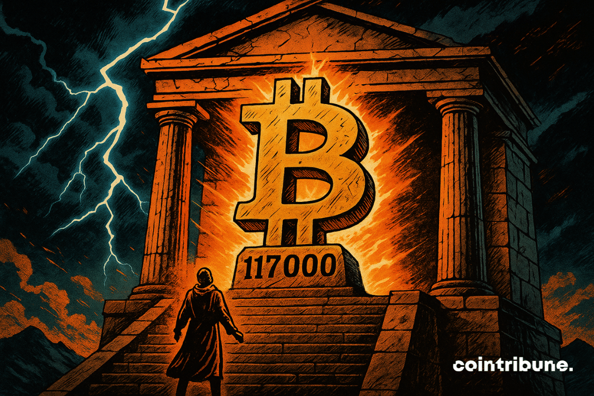Um investidor boquiaberto no pé da escada observa uma estátua do Bitcoin gravada com “117.000”.