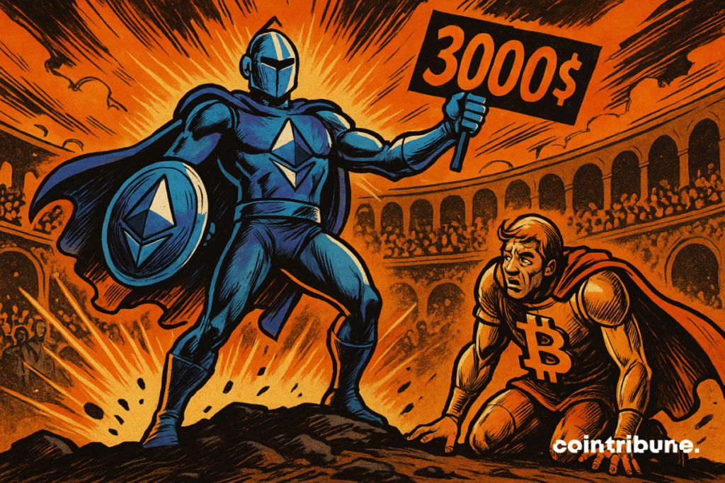 Ethereum triumphs over Bitcoin in an arena, holding up a "00" sign.