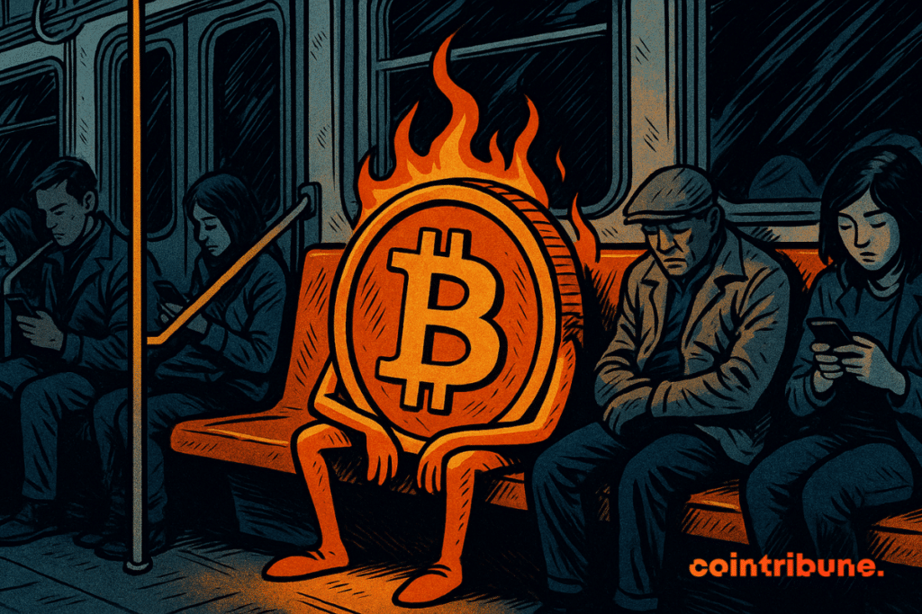 Una moneda de Bitcoin sentada sola en el centro de un vagón dentro de un metro.