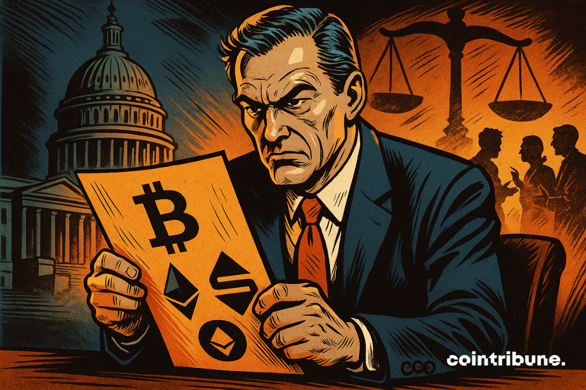 Ilustración de un senador tenso, con un documento cripto en la mano, el Capitolio de fondo.