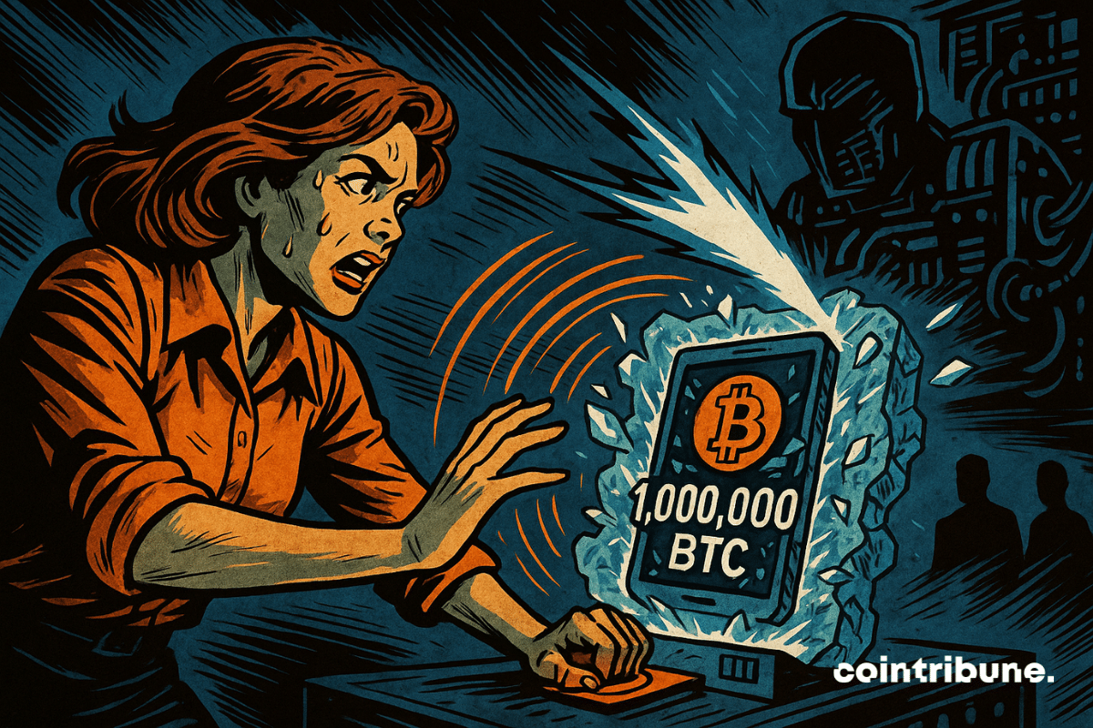 A quantum machine about to fire a beam at a Bitcoin wallet. A panicked engineer tries to deploy a digital force field.