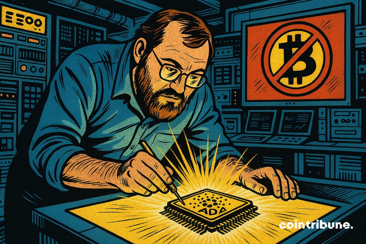 Cardano founder Charles Hoskinson working on a powerful ADA, while bitcoin is crossed out on a poster behind him.