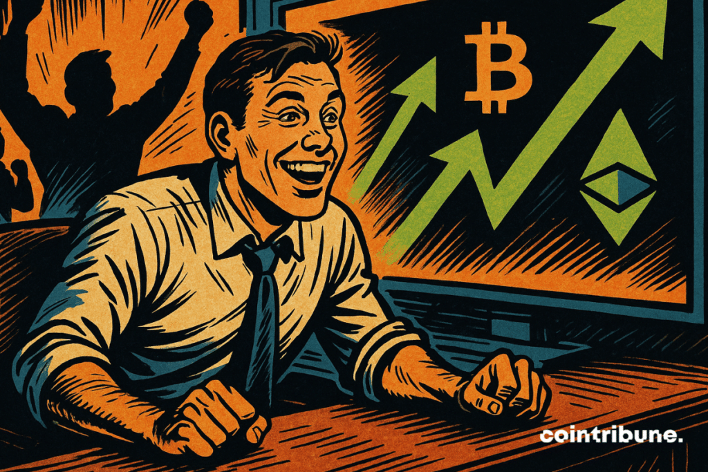 Comerciante sorridente observa a alta do Bitcoin e do Ethereum na tela.