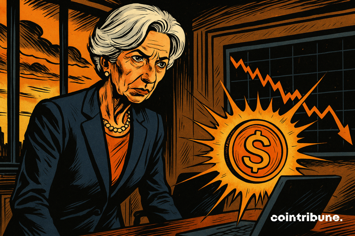 Christine Lagarde, concentrada, observa um símbolo ameaçador de stablecoin com um gráfico em queda livre em seu escritório.