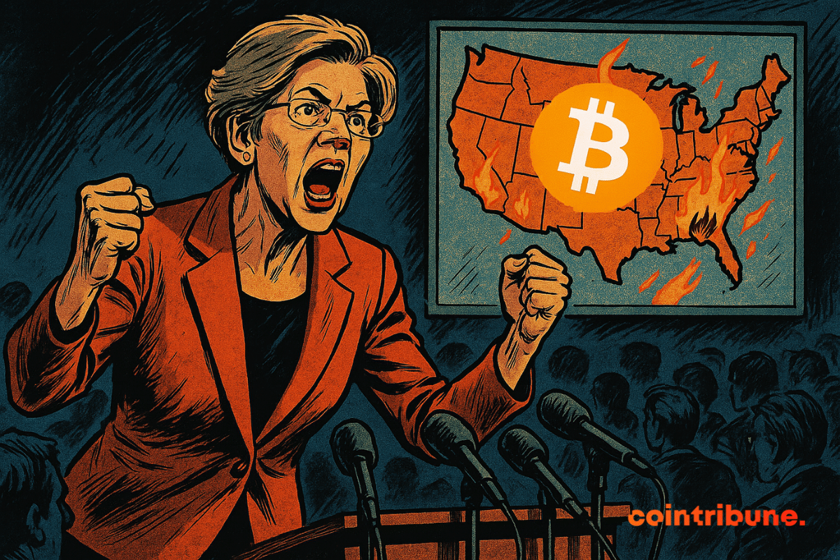Elizabeth Warren, furiosa, habla en un podio, con un mapa de Estados Unidos en llamas y un logotipo de Bitcoin.