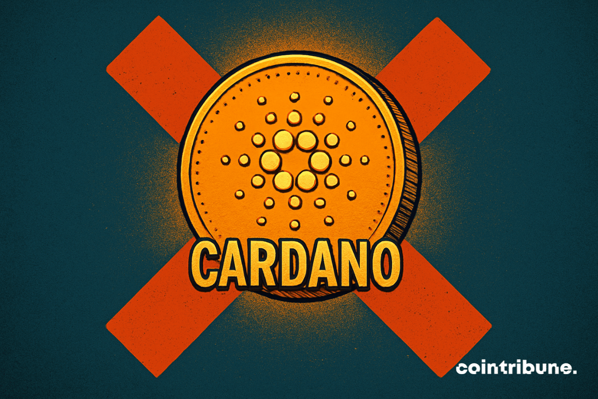 Illustration of a Cardano coin with a red “X” behind it, symbolizing community backlash and rejection.